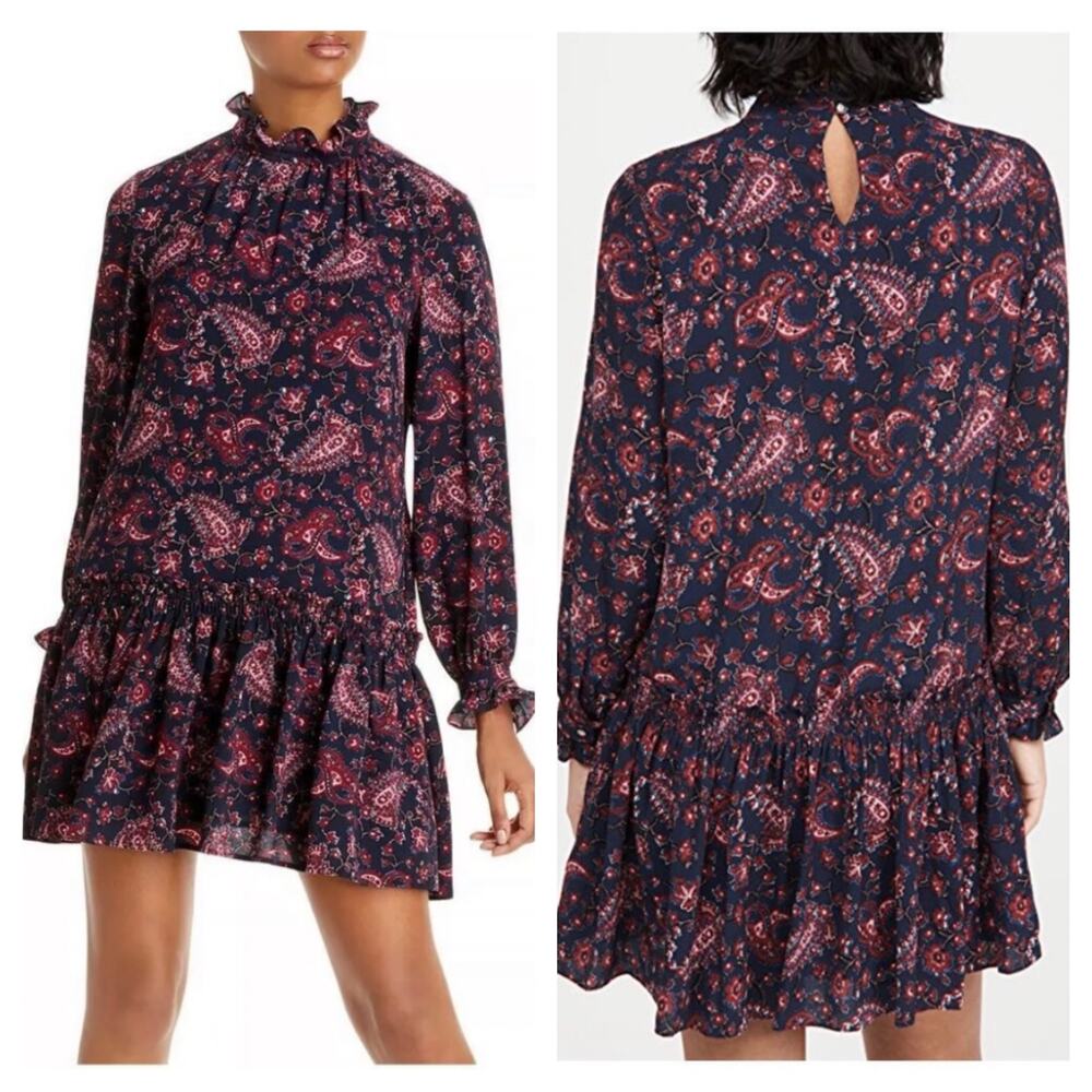La Vie Rebecca Taylor Long Sleeve Madeline Mini Dress Large Paisley Boho